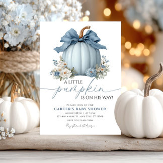 Dusty Blue Pumpkin Boy Greenery Bow Baby Shower Invitation