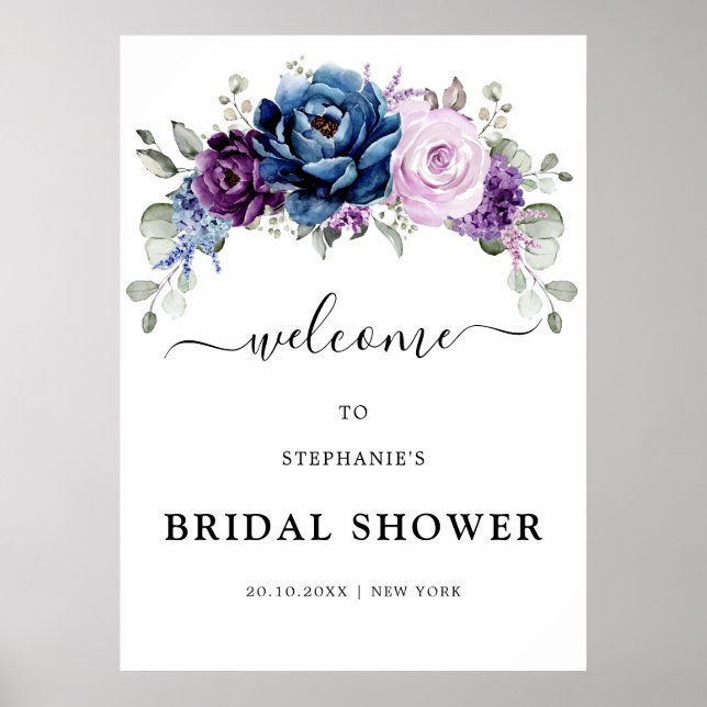 Dusty Blue Purple Blooms Bridal Shower Welcome  Poster (Front)