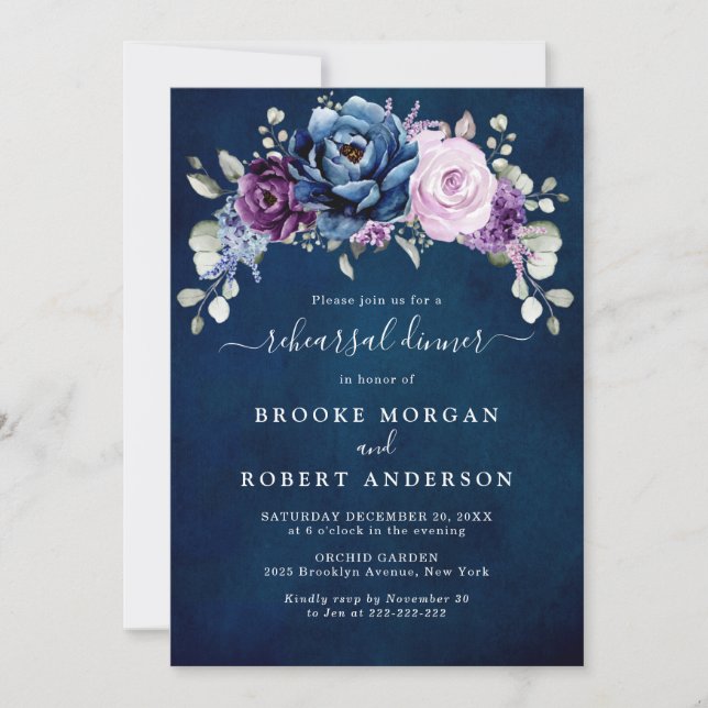 Dusty Blue Purple Lilac Blooms Rehearsal Dinner In Invitation (Front)