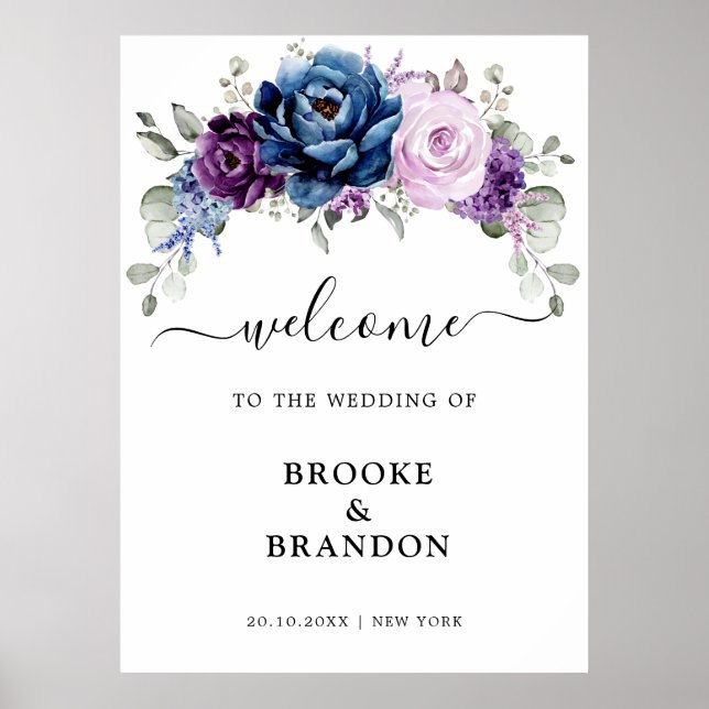 Dusty Blue Purple Lilac Blooms Wedding Welcome Poster (Front)