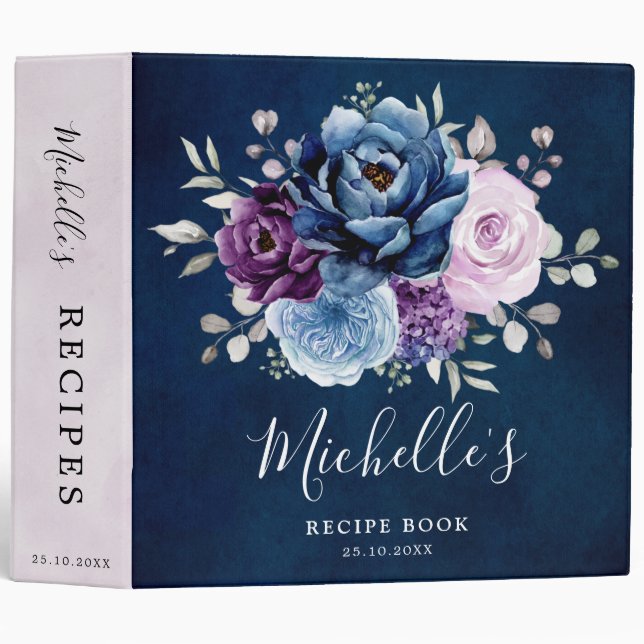 Dusty Blue Purple Navy Bridal Shower Recipe Book 3 Binder (Front/Spine)