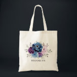 Dusty Blue Purple Navy Lilac Bloom Bridesmaid gift Tote Bag<br><div class="desc">Elegant dusty blue Purple lilac lavender floral theme bridesmaid gift tote bag featuring elegant bouquet of dusty blue,  Navy,  purple,  lilac colour rose flowers buds and sage green eucalyptus leaves. Please contact me for any help in customization or if you need any other product with this design.</div>