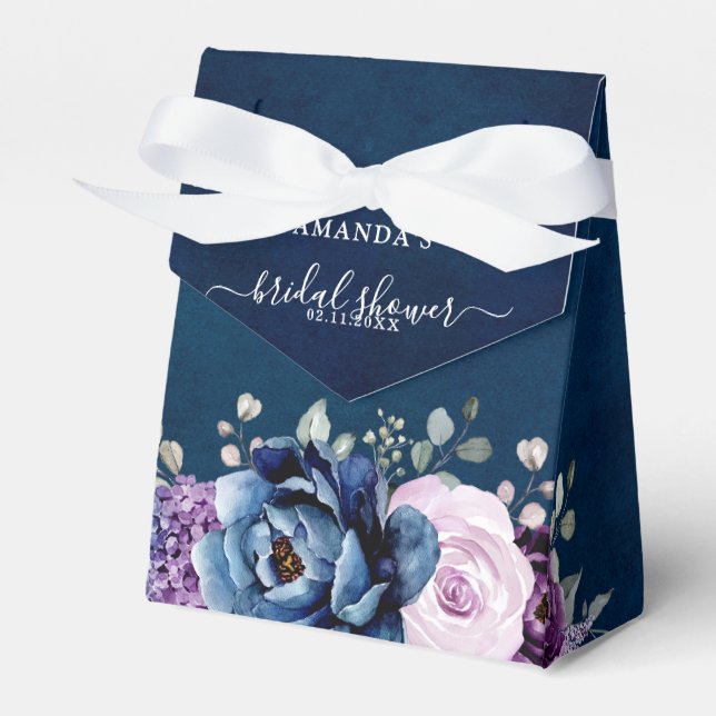 Dusty Blue Purple Navy Lilac Blooms  Bridal Shower Favor Box (Front Side)