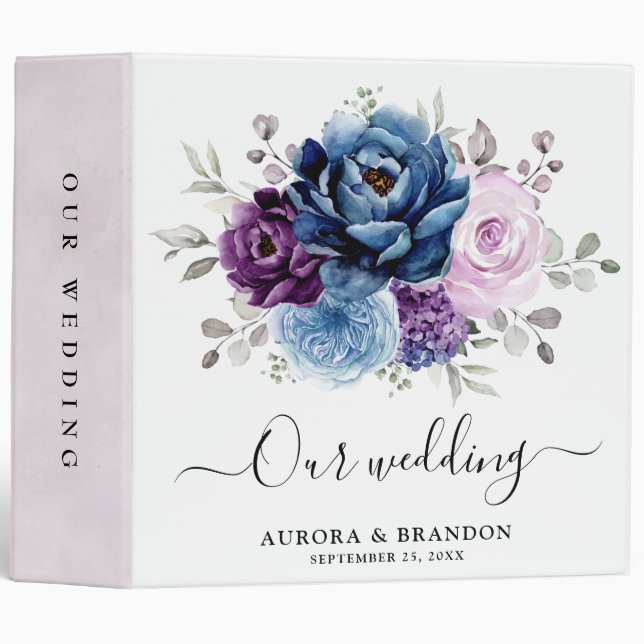 Dusty Blue Purple Navy Lilac Blooms Floral Wedding Binder (Front/Spine)