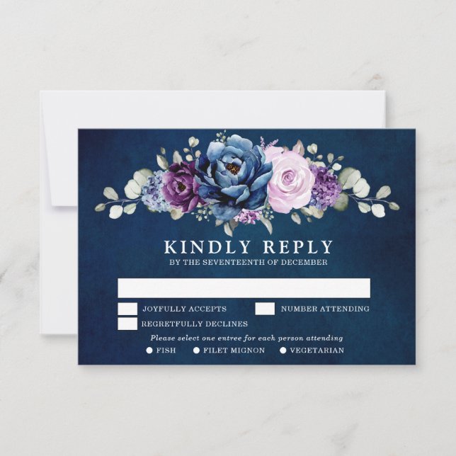 Dusty Blue Purple Navy Lilac Blooms Mariage RSVP C (Devant)