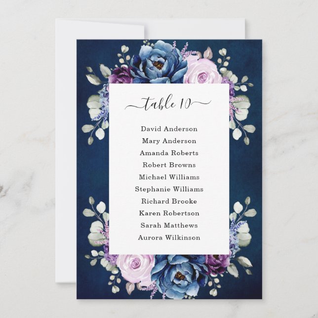 Dusty Blue Purple Navy Lilac Blooms Seating Chart  Invitation (Front)