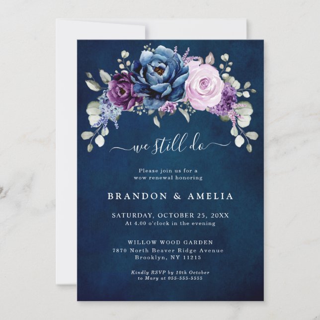 Dusty Blue Purple Navy Lilac Blooms  We still do I Invitation (Front)
