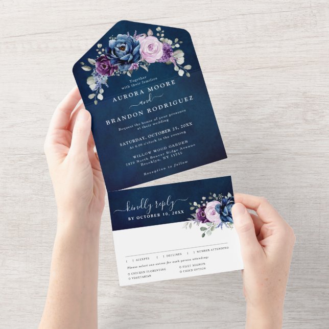 Dusty Blue Purple Navy Lilac Blooms Wedding All In All In One Invitation (Tearaway)