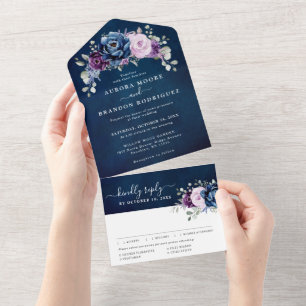 Dusty Blue Purple Navy Lilac Blooms Wedding All In One Invitation
