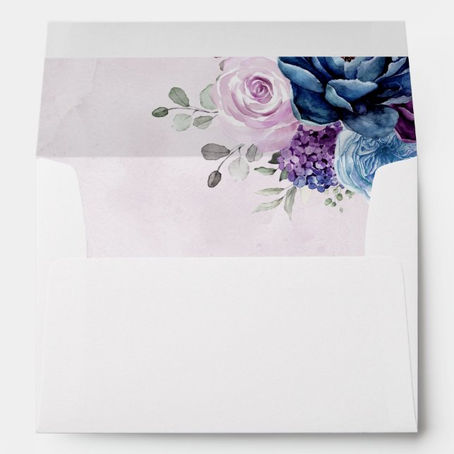 Dusty Blue Purple Navy Lilac Blooms Wedding Envelope (Back (Bottom))