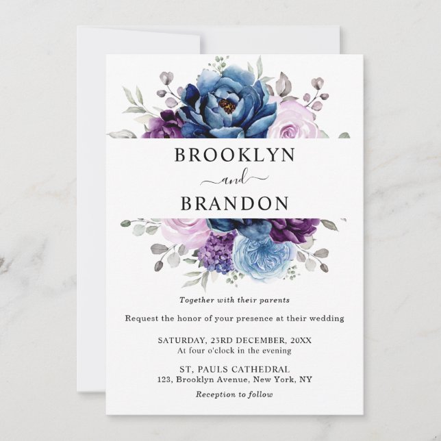 Dusty Blue Purple Navy Lilac Blooms Wedding Invitation (Front)