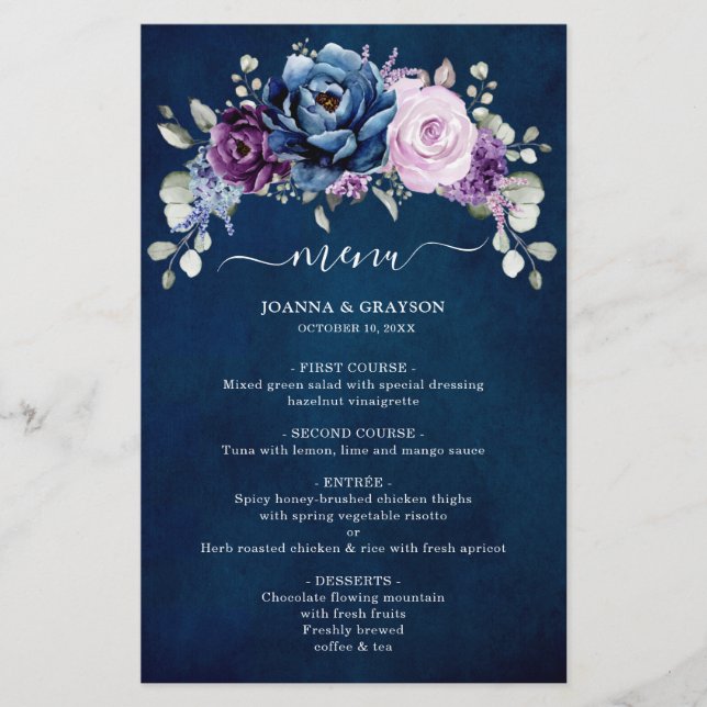 Dusty Blue Purple Navy Lilac Blooms Wedding Menu (Front)