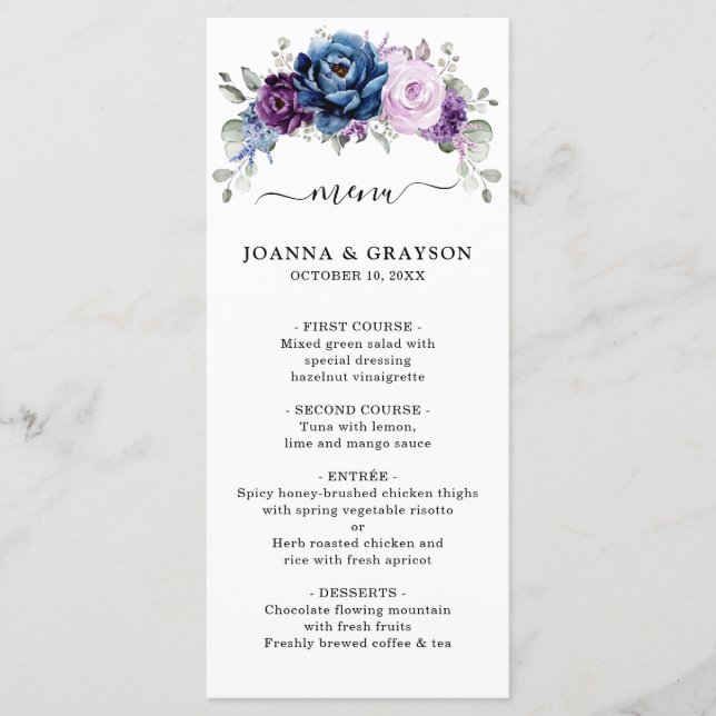 Dusty Blue Purple Navy Lilac Blooms Wedding Menu (Front)