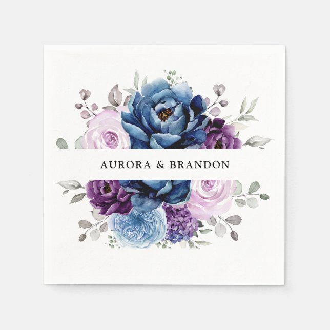 Dusty Blue Purple Navy Lilac Blooms Wedding Napkin (Front)