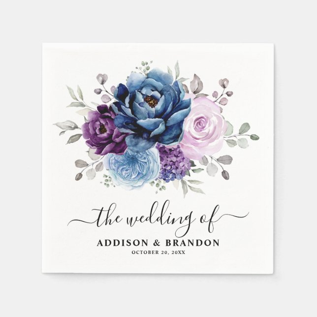 Dusty Blue Purple Navy Lilac Blooms Wedding Napkin (Front)