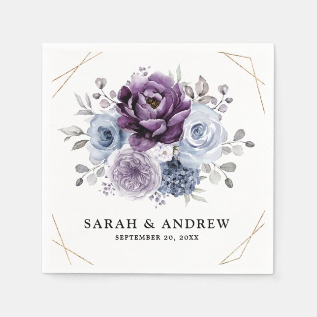 Dusty Blue Purple Navy Lilac Blooms Wedding Napkin (Front)