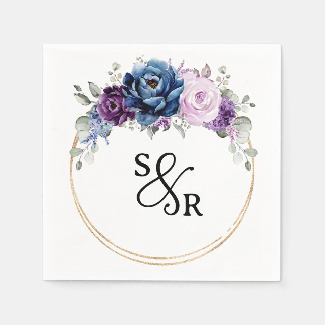 Dusty Blue Purple Navy Lilac Blooms Wedding Napkin (Front)