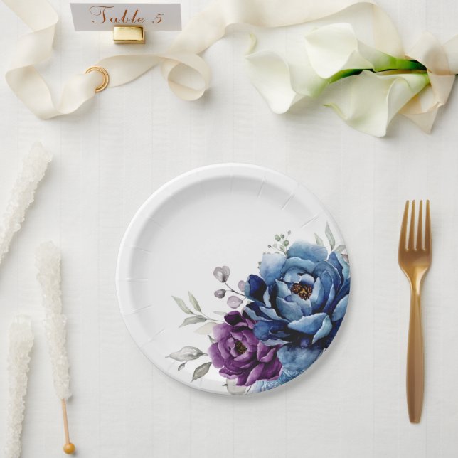 Dusty Blue Purple Navy Lilac Blooms Wedding Paper Plate (Wedding)