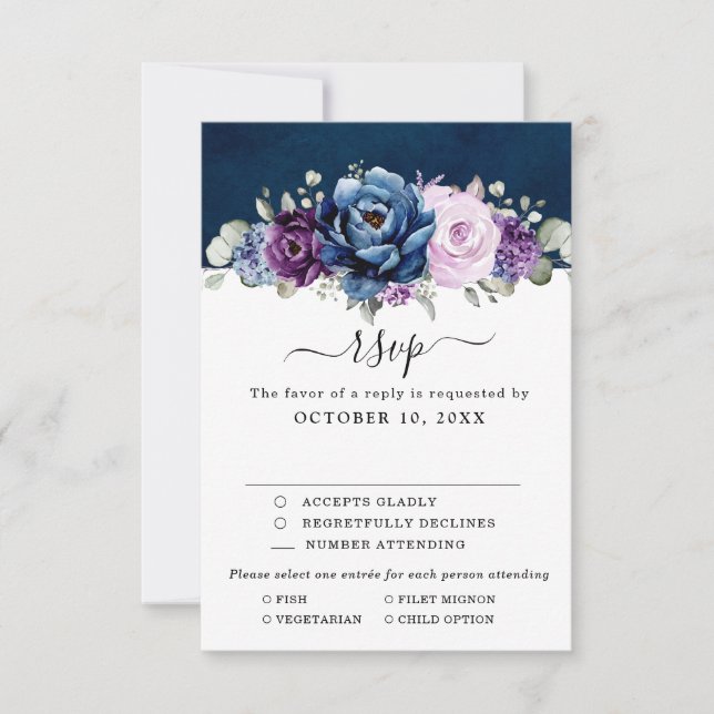 Dusty Blue Purple Navy Lilac Blooms Wedding RSVP C (Front)