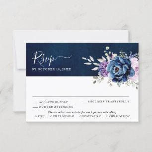 Dusty Blue Purple Navy Lilac Blooms Wedding RSVP C Card