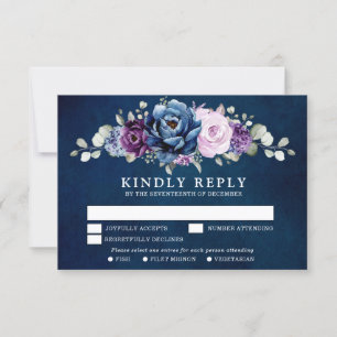 Dusty Blue Purple Navy Lilac Blooms Wedding RSVP C Card
