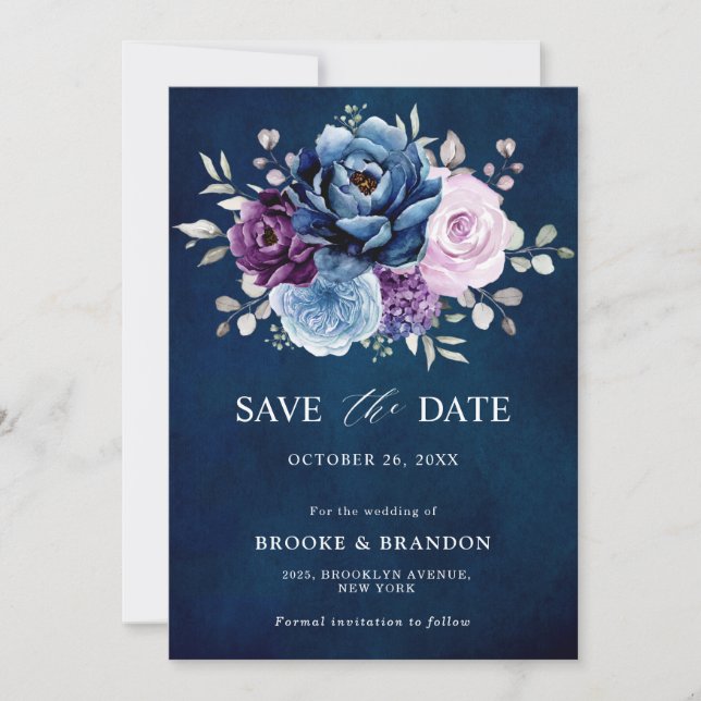 Dusty Blue Purple Navy Lilac Blooms Wedding Save T The Date (Front)
