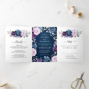 Dusty Blue Purple Navy Lilac Blooms Wedding Tri-Fo Tri-Fold Announcement