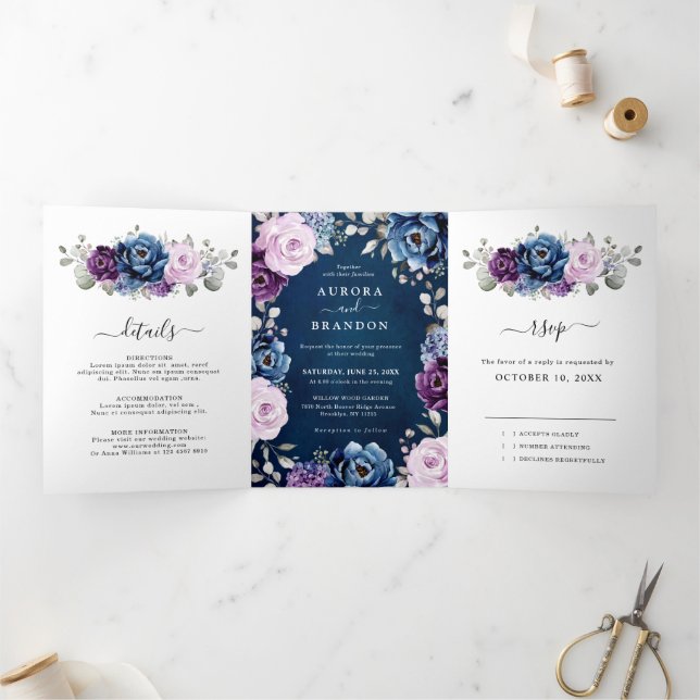 Dusty Blue Purple Navy Lilac Blooms Wedding Tri-Fo Tri-Fold Announcement (Inside)
