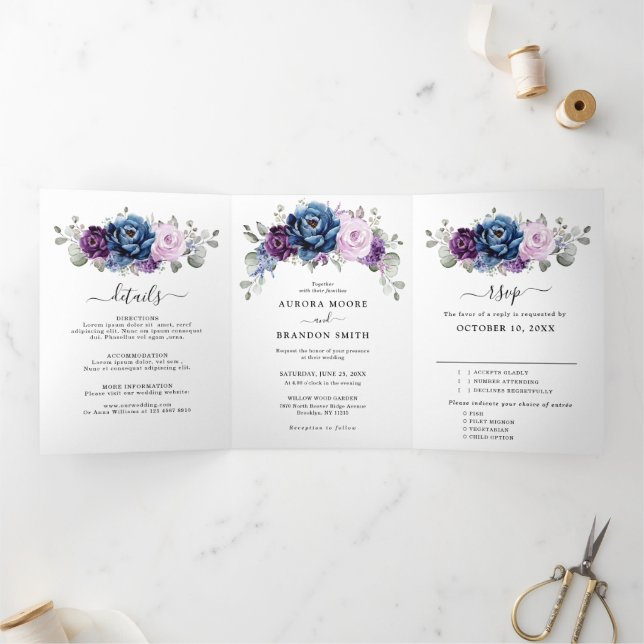 Dusty Blue Purple Navy Lilac Blooms Wedding Tri-Fold Announcement (Inside)