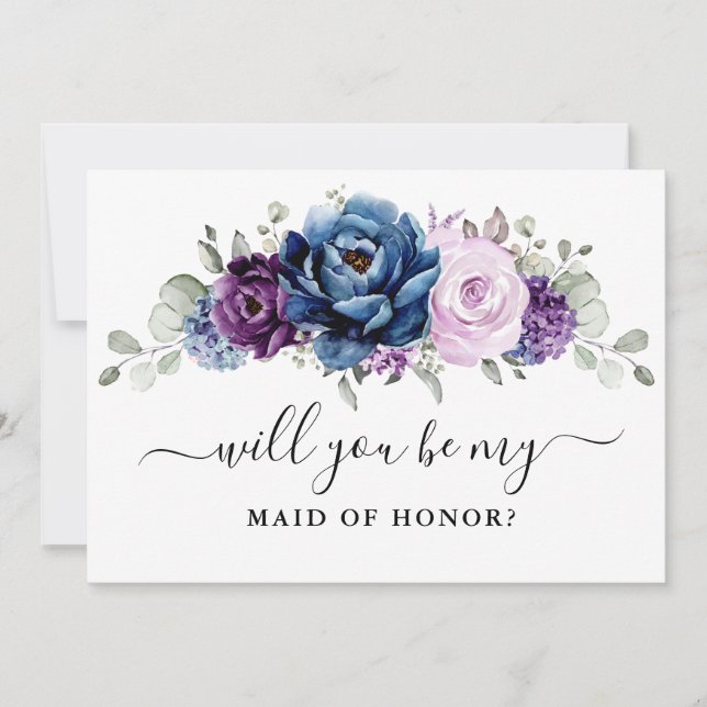Dusty Blue Purple Will you be my Maid of Honour Invitation (Front)