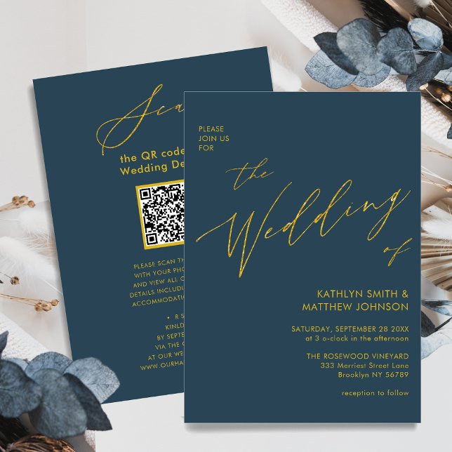 Dusty Blue QR Code All In One Gold Script Wedding Invitation (Creator Uploaded)