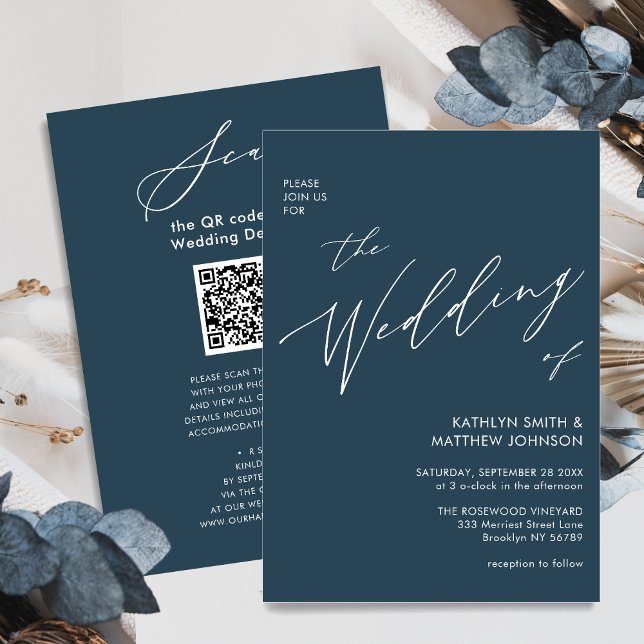 Dusty Blue QR Code All In One Minimalist Wedding Invitation (Creator Uploaded)