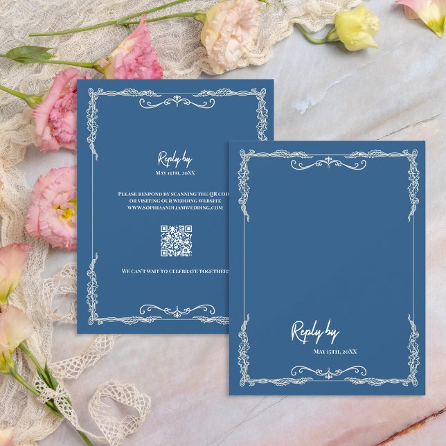 Dusty Blue QR Code Black Tie Wedding RSVP Card (Dusty Blue QR Code RSVP Card Elegant Wedding Response Card Scan to RSVP Wedding)
