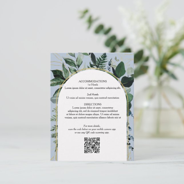 Dusty Blue QR code Carte de détails du mariage bot (Debout devant)