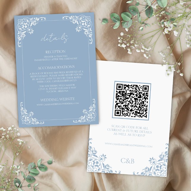 Dusty Blue QR Code Détails du Mariage Carte de boî (Elegant blue and white french country coastal chic qr code wedding details enclosure cards romantic)