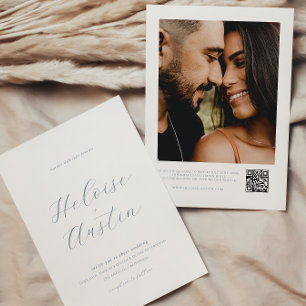 Dusty Blue QR Code Photo B&W Wedding Invitation