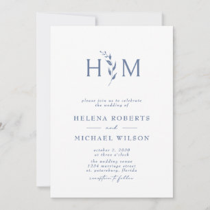 Dusty Blue QR Code RSVP Botanical Monogram Wedding Invitation