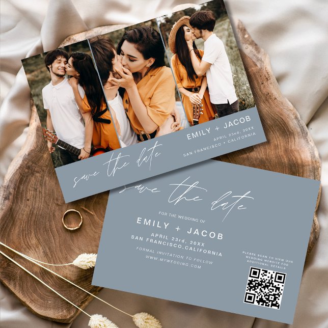 Dusty Blue QR Code Save the Date 3 Photo Elegant  (Creator Uploaded)