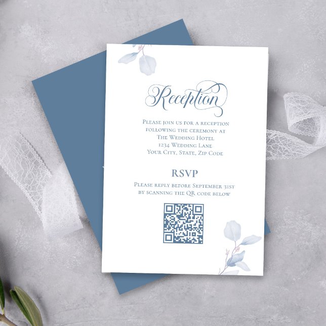 Dusty Blue QR Code Wedding Details Enclosure Card (Elegant dusty blue reception card with QR code RSVP and soft botanical accents.)