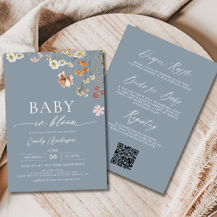 Dusty Blue QR Code Wildflower Baby in Bloom Invitation