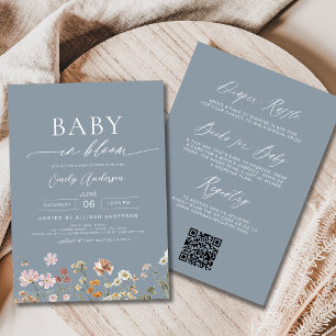 Dusty Blue QR Code Wildflower Baby in Bloom Invitation