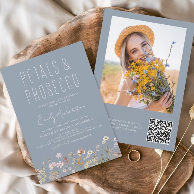 Dusty Blue QR Code Wildflower Petals & Prosecco Flyer (Creator Uploaded)