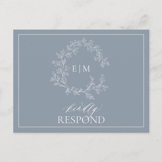 Dusty Blue QR Leafy Crest Monogram Wedding RSVP In Invitation Postcard (Front)