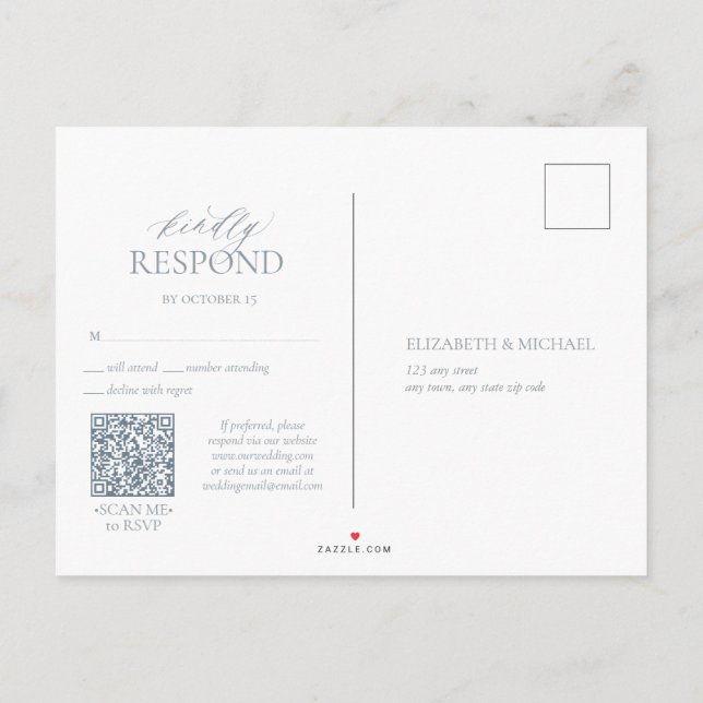 Dusty Blue QR Leafy Crest Monogram Wedding RSVP Invitation Postcard (Back)