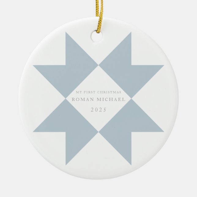 Dusty Blue Quilt Star My First Christmas Ceramic Ornament (Front)