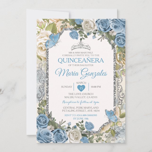 Dusty Blue Quinceañera Silver Crown Butterfly Invitation (Front)