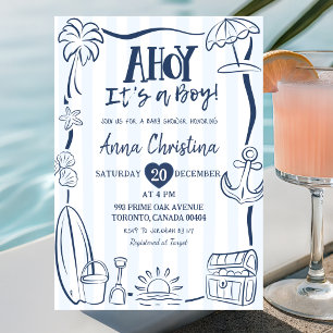 Dusty Blue Quriky Ahoy Boy Baby Shower Invitation