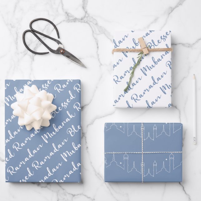 Dusty Blue Ramadan Calligraphy Masjid Pattern Wrapping Paper Sheet (Front)