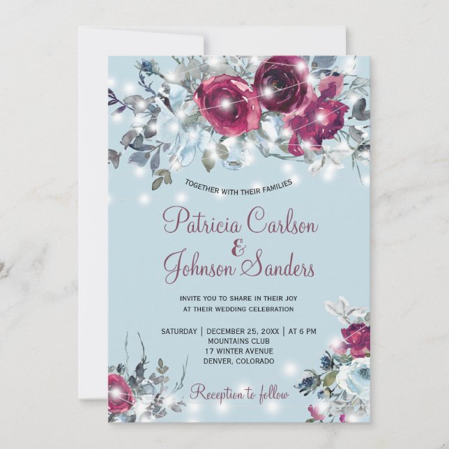 Dusty blue red burgundy floral winter wedding invitation (Front)