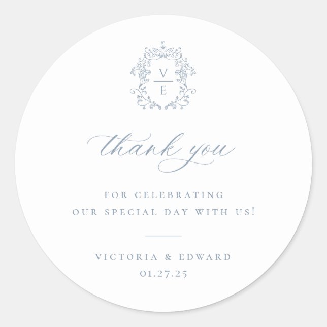 Dusty Blue Regency Crest Wedding Thank You Classic Round Sticker (Front)